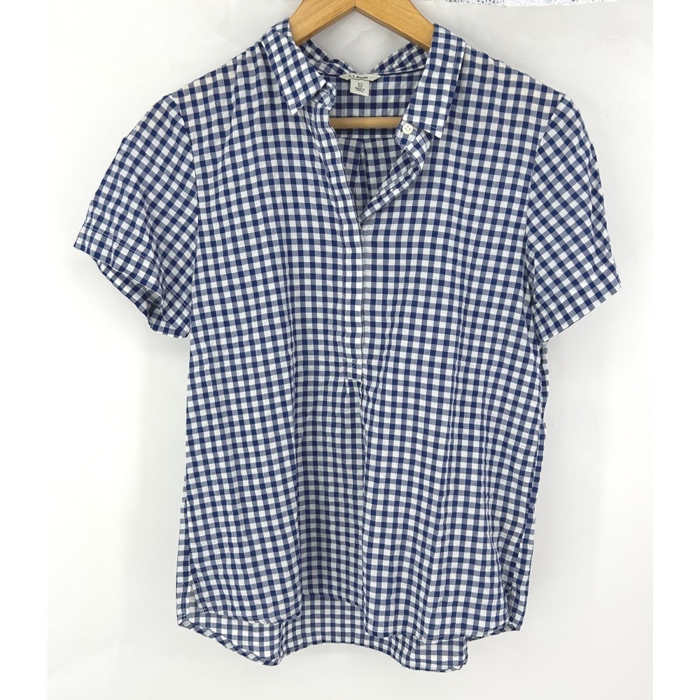 L.L. Bean Gingham Cotton Shirt Blue White Womens XS Popover Blouse